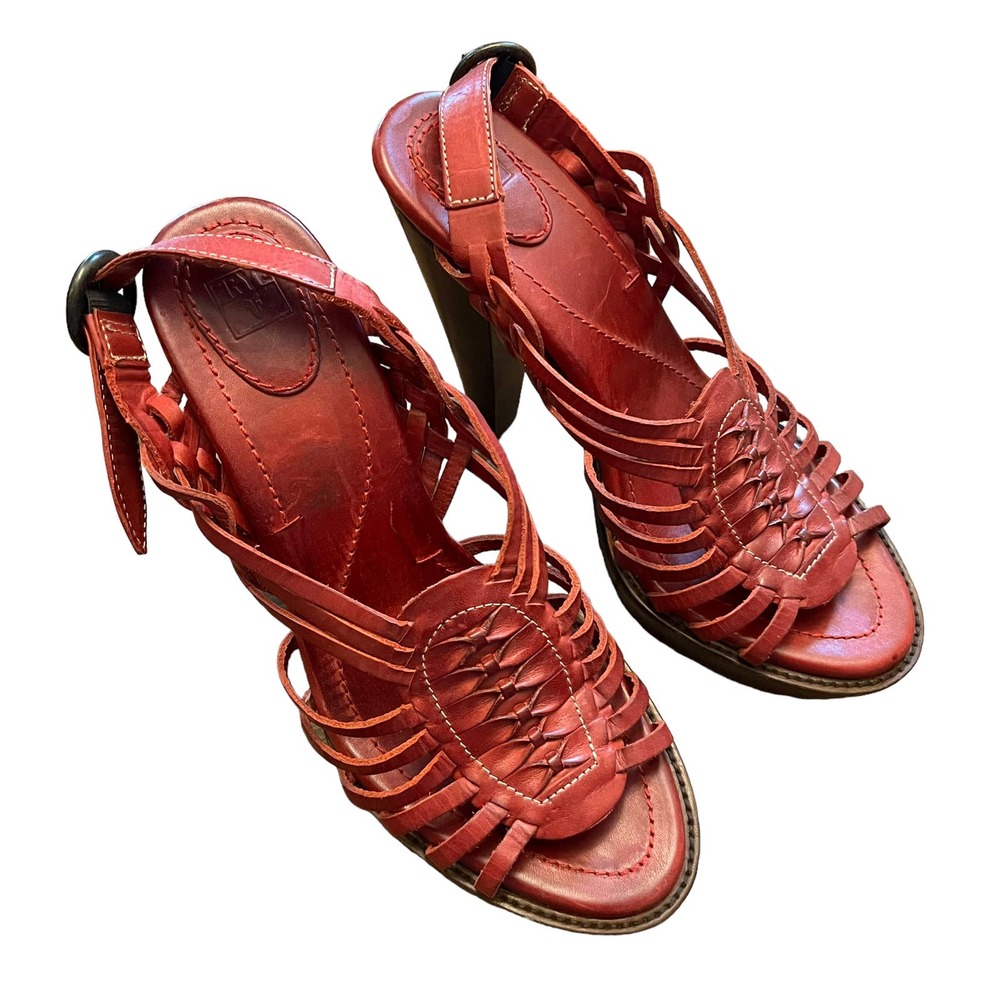 FRYE Women's size 9.5 Brick Red Leather Joy Huarache Sling Back Wood Heels